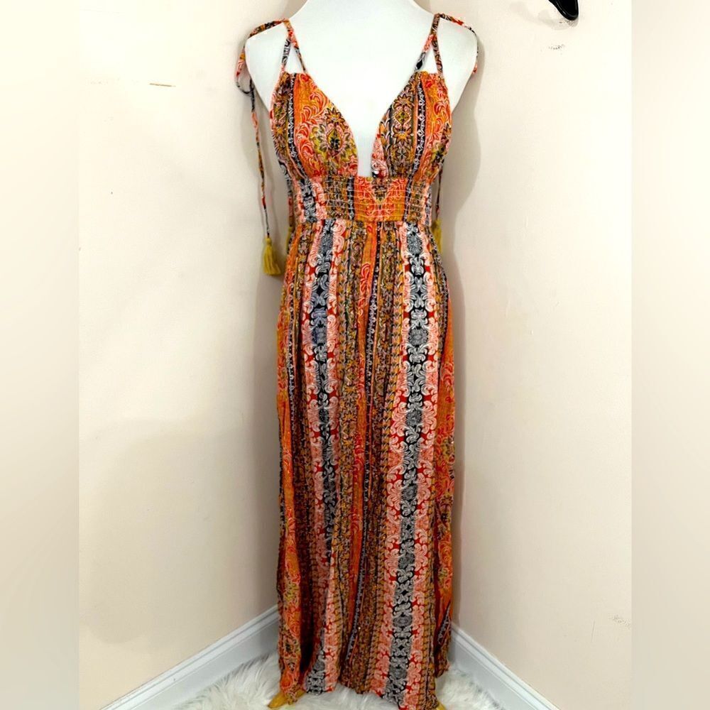 En Creme Boho Mixed Print Floral Stripe Halter Dress S NEW